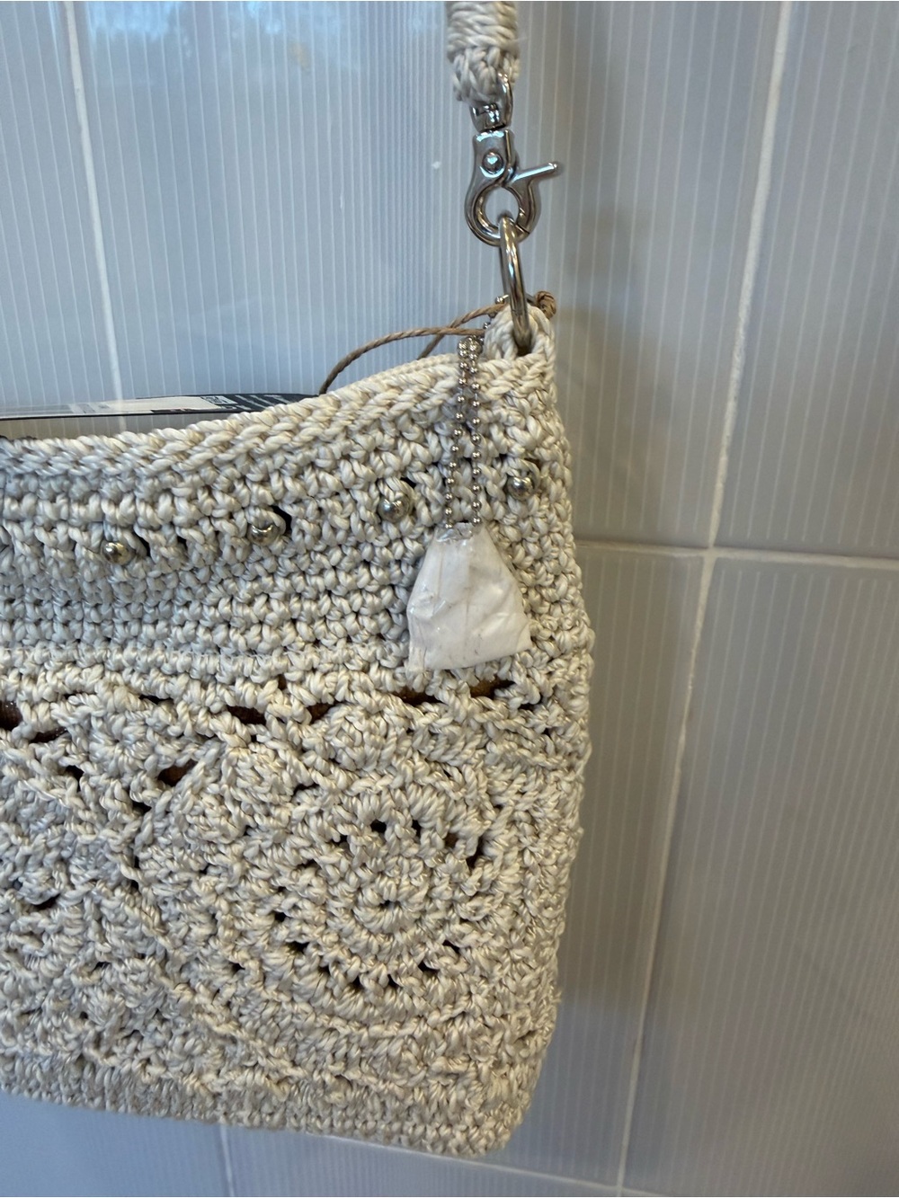 Woven Crochet Crossbody Bag in Cream - Picture 7 of 8